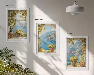 Gerahmtes Bilderset mit Meereslandschaften, Zitronen und Fenstermotiven