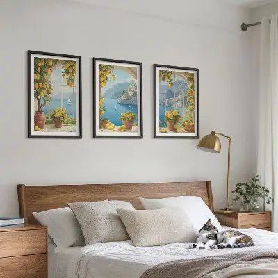 Gerahmtes Bilderset mit Meereslandschaften, Zitronen und Fenstermotiven