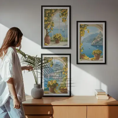 Gerahmtes Bilderset mit Meereslandschaften, Zitronen und Fenstermotiven