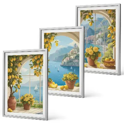 Gerahmtes Bilderset mit Meereslandschaften, Zitronen und Fenstermotiven
