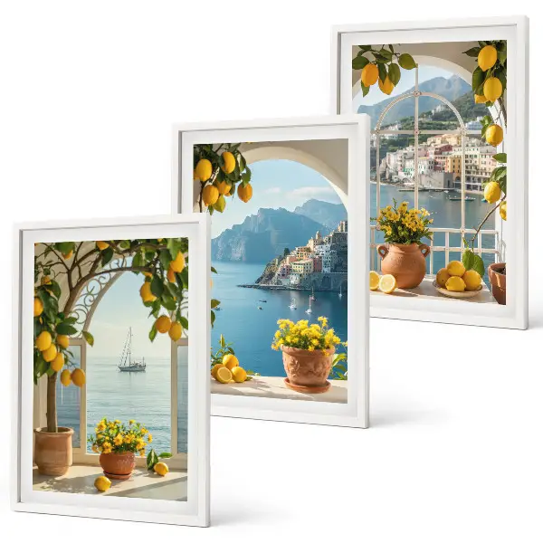 Zitronenblumen aus der Küstenstadt 3er-Set Bilder mit Rahmen