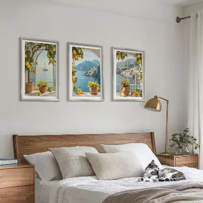 Zitronenblumen aus der Küstenstadt 3er-Set Bilder mit Rahmen