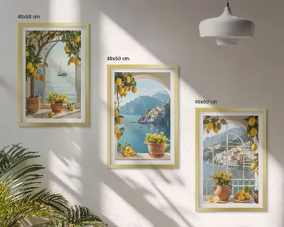 Zitronenblumen aus der Küstenstadt 3er-Set Bilder mit Rahmen