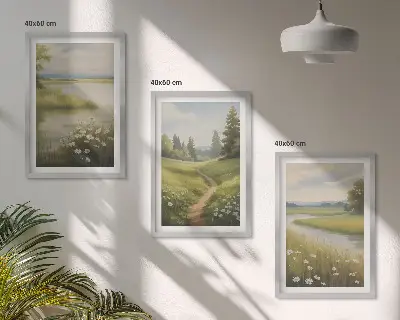 Frühlingslandschaft Flusswiese gerahmtes Bilderset