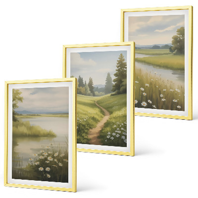 Gerahmtes bilderset Frühlingslandschaft Flusswiese