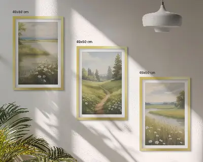 Frühlingslandschaft Flusswiese gerahmtes Bilderset