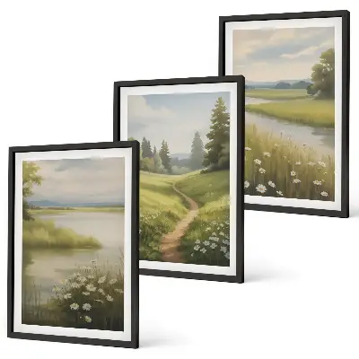 Frühlingslandschaft Flusswiese gerahmtes Bilderset
