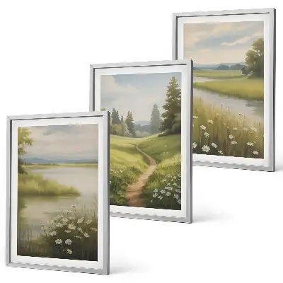 Frühlingslandschaft Flusswiese gerahmtes Bilderset
