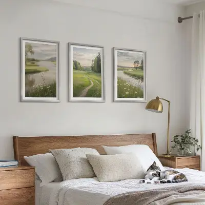 Sommerliche Flusswiesen voller Blumen 3er-Set Bilder mit Rahmen