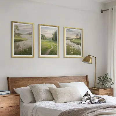 Sommerliche Flusswiesen voller Blumen 3er-Set Bilder mit Rahmen