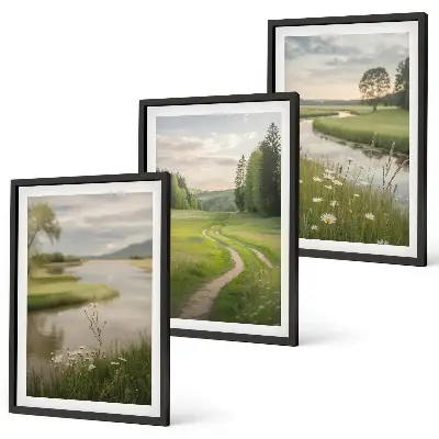 Sommerliche Flusswiesen voller Blumen 3er-Set Bilder mit Rahmen