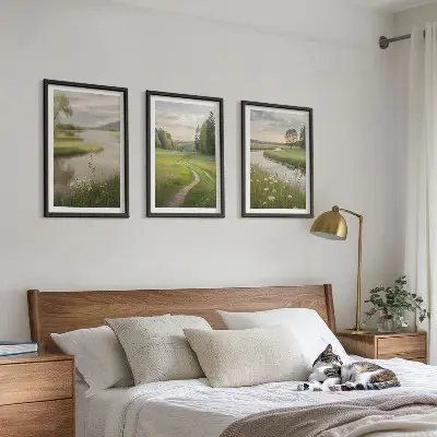 Sommerliche Flusswiesen voller Blumen 3er-Set Bilder mit Rahmen