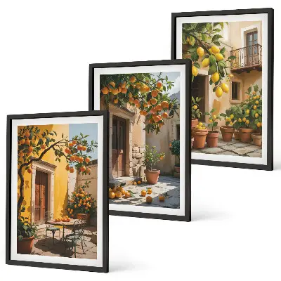 Gerahmtes Bilderset mit Zitrusfrüchten und Hofpflanzen
