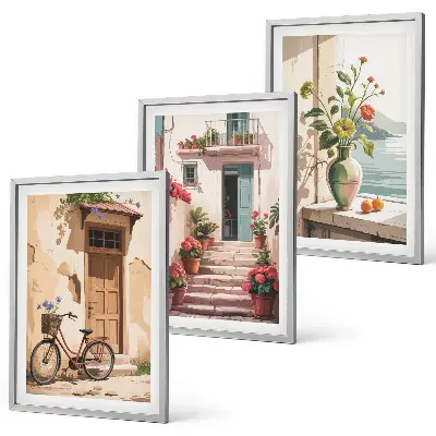 Gerahmtes Bilderset mit Straßen, Blumen und Fahrrädern