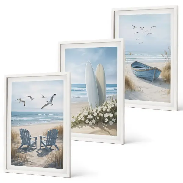 Strand Surfbretter Vögel 3er-Set Bilder mit Rahmen