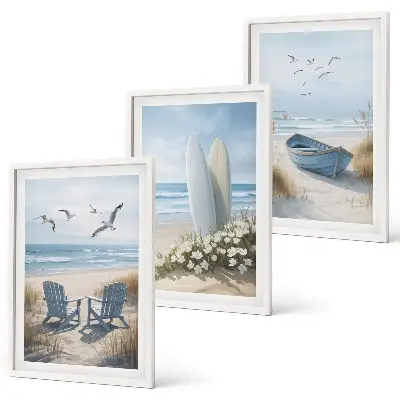 Strand Surfbretter Vögel 3er-Set Bilder mit Rahmen