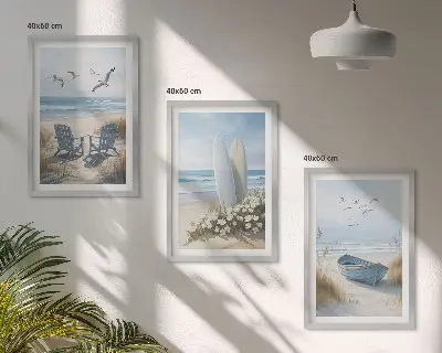 Strand Surfbretter Vögel 3er-Set Bilder mit Rahmen