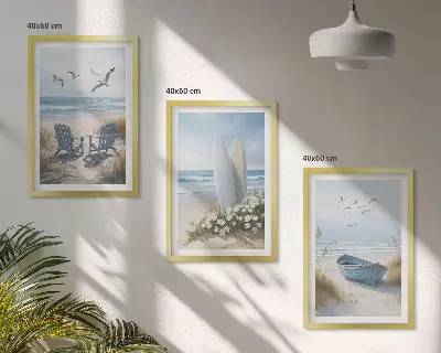 Strand Surfbretter Vögel 3er-Set Bilder mit Rahmen