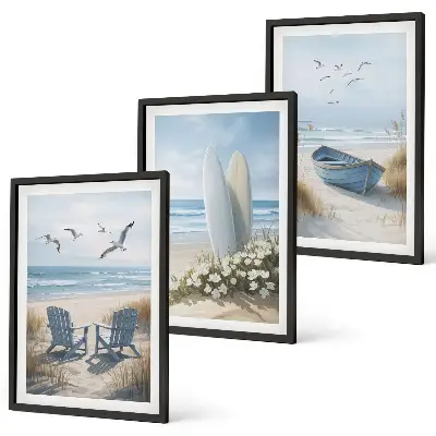 Strand Surfbretter Vögel 3er-Set Bilder mit Rahmen