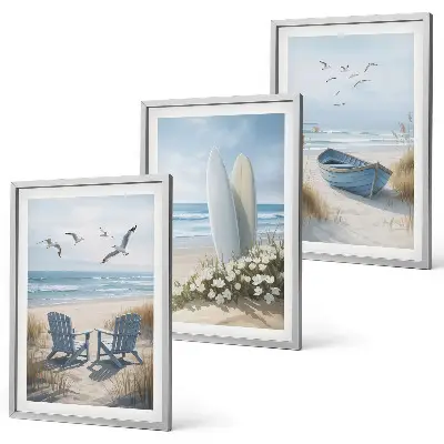Strand Surfbretter Vögel 3er-Set Bilder mit Rahmen