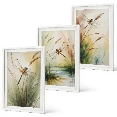Libellen im Gras Aquarellbild 3er-Set mit Rahmen