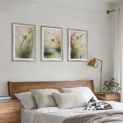 Libellen im Gras Aquarellbild 3er-Set mit Rahmen