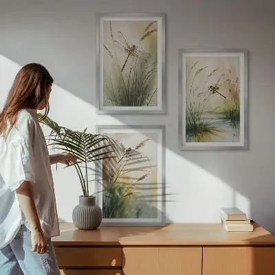 Libellen im Gras Aquarellbild 3er-Set mit Rahmen