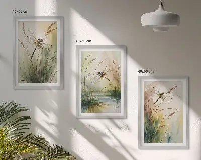 Libellen im Gras Aquarellbild 3er-Set mit Rahmen
