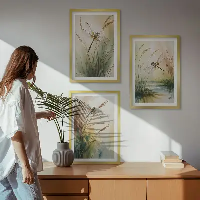 Libellen im Gras Aquarellbild 3er-Set mit Rahmen