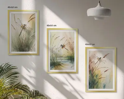 Libellen im Gras Aquarellbild 3er-Set mit Rahmen