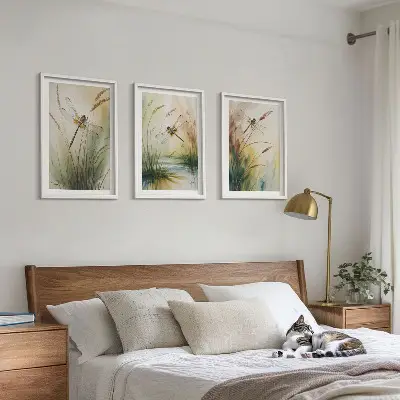 Libellen im Gras Aquarellbild 3er-Set mit Rahmen