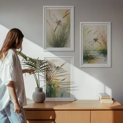 Libellen im Gras Aquarellbild 3er-Set mit Rahmen