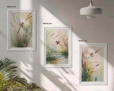 Libellen im Gras Aquarellbild 3er-Set mit Rahmen