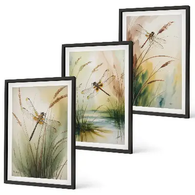 Libellen im Gras Aquarellbild 3er-Set mit Rahmen
