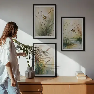 Libellen im Gras Aquarellbild 3er-Set mit Rahmen