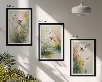 Libellen im Gras Aquarellbild 3er-Set mit Rahmen