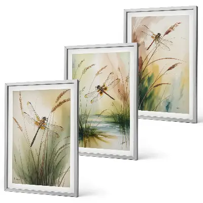 Libellen im Gras Aquarellbild 3er-Set mit Rahmen