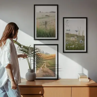 3er-Set Wandbilder mit Rahmen: Landschaften Natur Felder Weg 