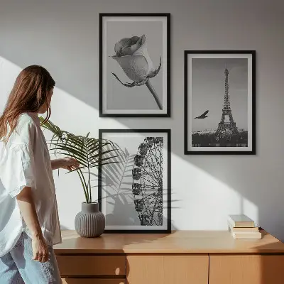 Gerahmtes Bilderset mit Rosen, Eiffelturm und Riesenrad Motiv