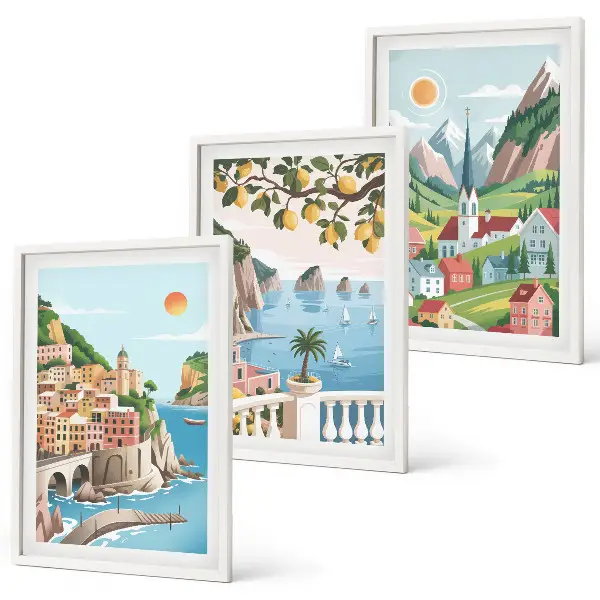 Bilder-3er-Set mit Rahmen mit Motiven von Landschaften, Meer und Zitrusfrüchten