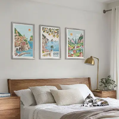 Bilder-3er-Set mit Rahmen mit Motiven von Landschaften, Meer und Zitrusfrüchten