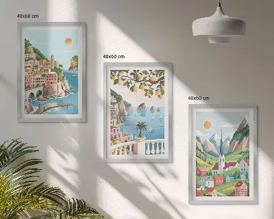 Bilder-3er-Set mit Rahmen mit Motiven von Landschaften, Meer und Zitrusfrüchten