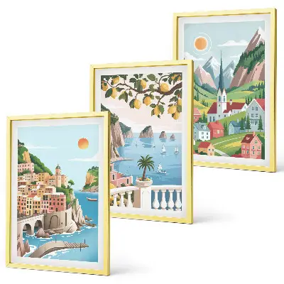 Bilder-3er-Set mit Rahmen mit Motiven von Landschaften, Meer und Zitrusfrüchten