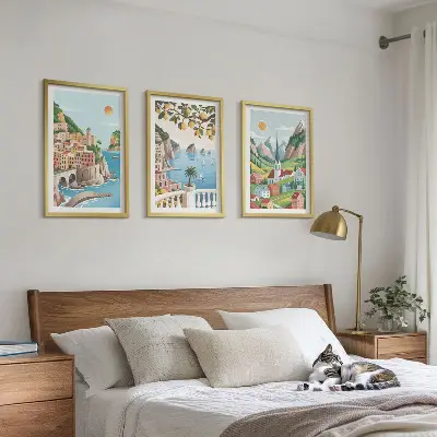 Bilder-3er-Set mit Rahmen mit Motiven von Landschaften, Meer und Zitrusfrüchten