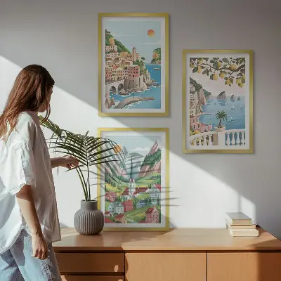Bilder-3er-Set mit Rahmen mit Motiven von Landschaften, Meer und Zitrusfrüchten