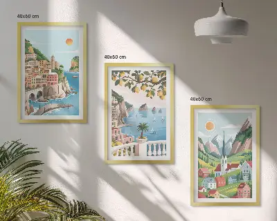 Bilder-3er-Set mit Rahmen mit Motiven von Landschaften, Meer und Zitrusfrüchten