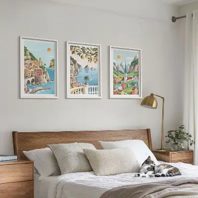 Bilder-3er-Set mit Rahmen mit Motiven von Landschaften, Meer und Zitrusfrüchten