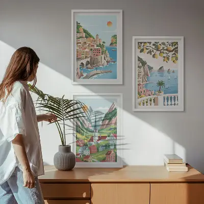 Bilder-3er-Set mit Rahmen mit Motiven von Landschaften, Meer und Zitrusfrüchten