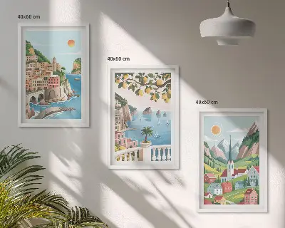 Bilder-3er-Set mit Rahmen mit Motiven von Landschaften, Meer und Zitrusfrüchten