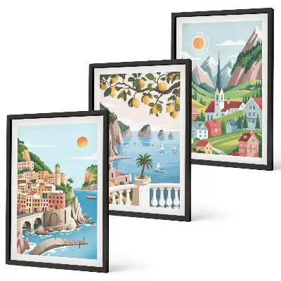 Bilder-3er-Set mit Rahmen mit Motiven von Landschaften, Meer und Zitrusfrüchten